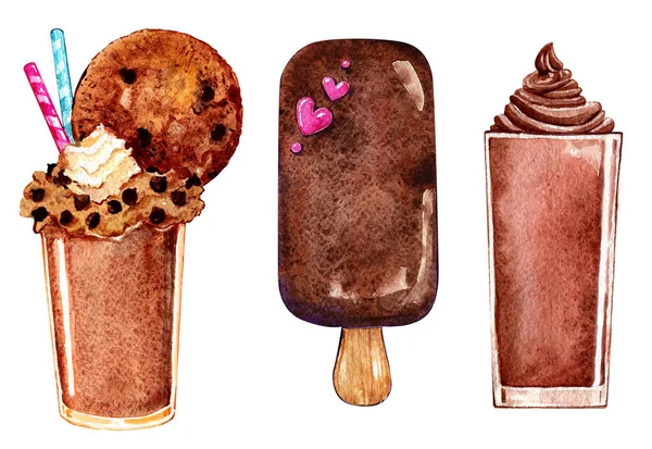 초콜릿 코코아 칵테일 아이스캔디 아이스크림 수채화 세트 — 스톡 사진