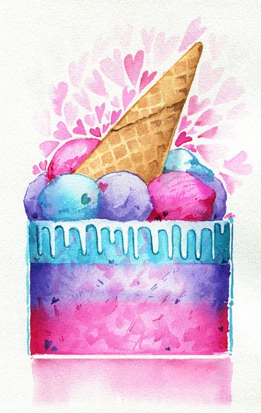 Cake Ice Cream Cone veelkleurige vakantie aquarel papier — Stockfoto