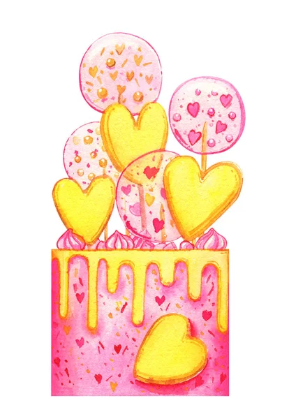 ケーキロリポップクッキー甘い休日ピンクの子供の水彩画は — ストック写真