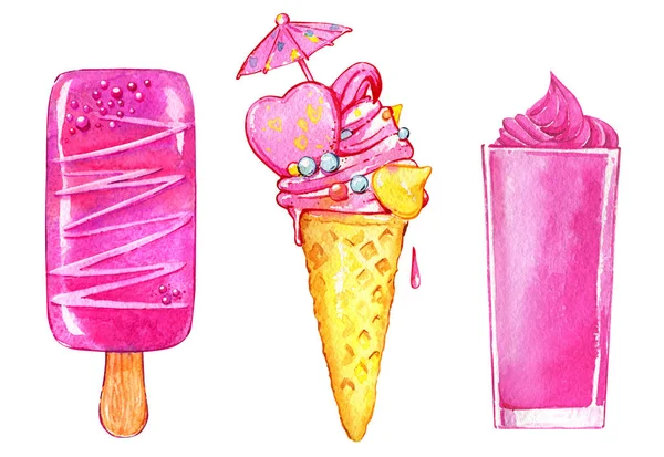 Cocktail ice cream  cone wafer esque summer watercolor set — Stock Photo, Image