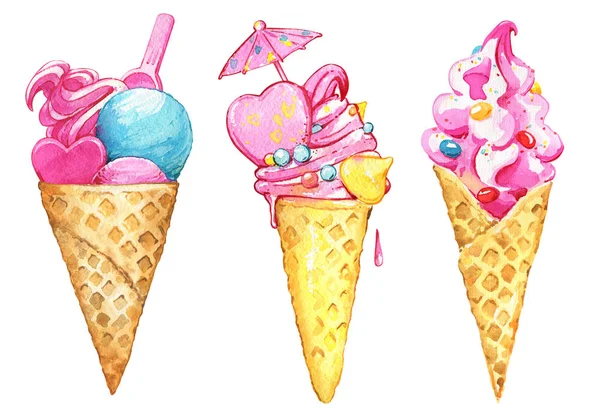 Horns ice cream waffles cool pink set watercolor cone — Stock Photo, Image