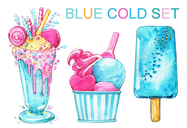 Dondurma kokteyli popsicle mavi yaz lezzetli suluboya seti — Stok fotoğraf