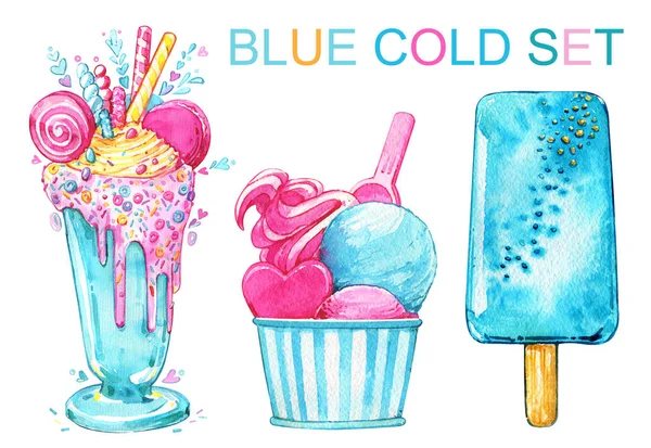 Helado cóctel paleta azul verano delicioso conjunto de acuarela — Foto de Stock