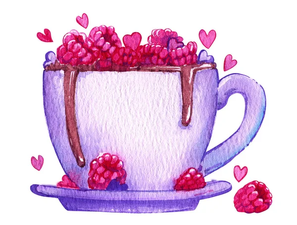Coeur doux tasse de framboise cacao Berry amour aquarelle isolé — Photo