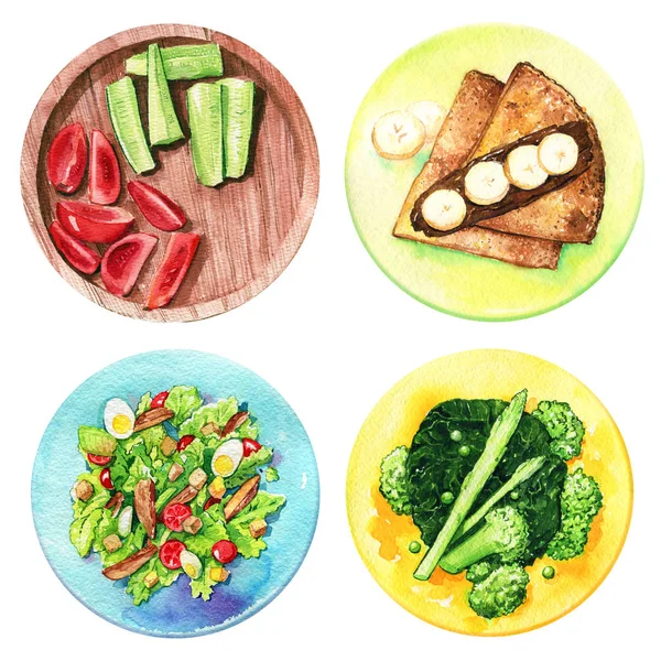 Légumes aliments sains salade césar crêpes plaques aquarelle — Photo