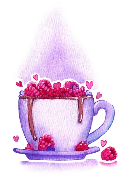 Coeur doux tasse de framboise cacao baies noël aquarelle isola — Photo