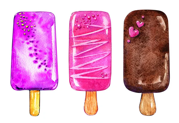 Ice cream chocolate Eskimo summer popsicle set watercolor — Stock Photo, Image