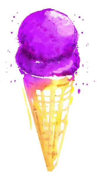 Ice cream cone berry wafer watercolor sketch purple isolated — Stock Photo, Image