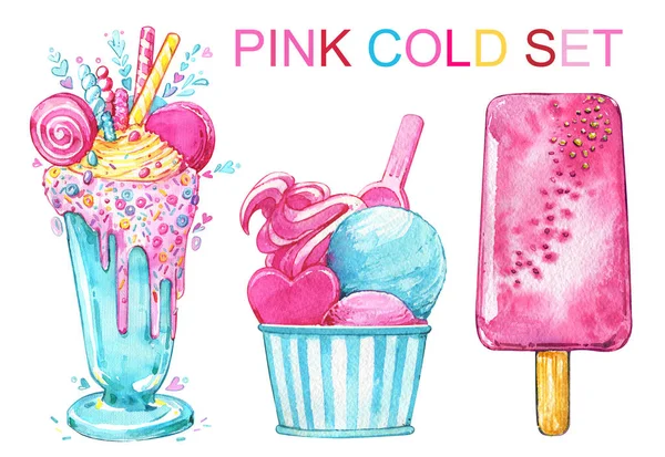 Es krim koktail es krim es loli merah muda musim panas lezat cat air ditetapkan — Stok Foto
