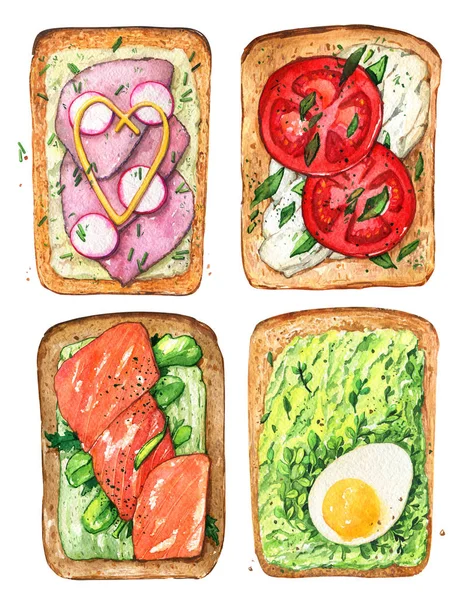 Sandwich diet breakfast bacon tomato avocado spices fish set wat — Stock Photo, Image