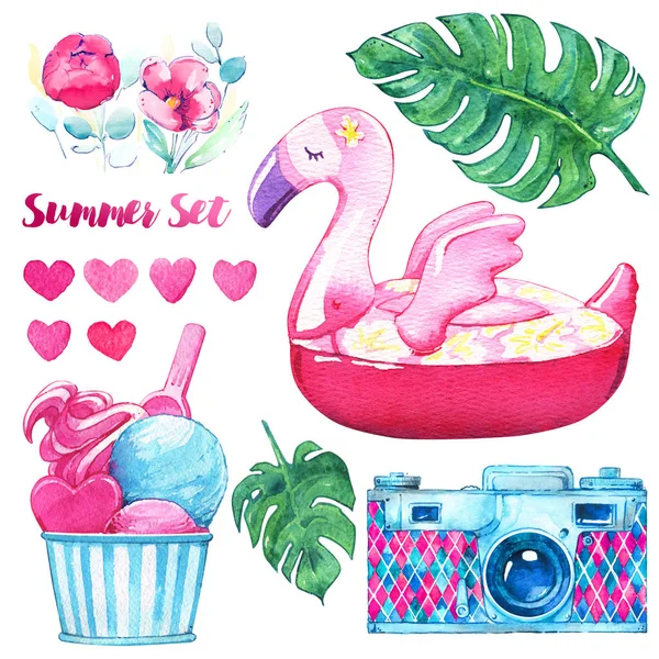 Yaz dondurma tropik flamingo kamera çiçekler kalpler watercol