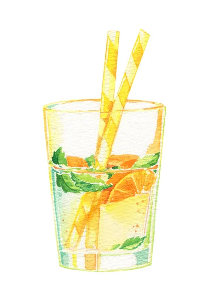 Bicchiere da cocktail alla limonata menta arancio paglia acquerello isolato — Foto Stock