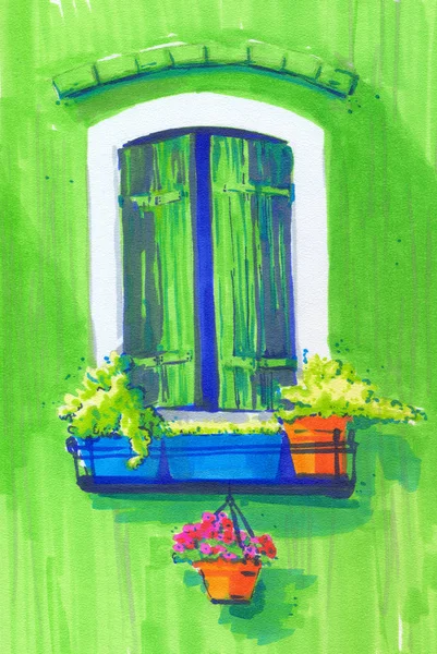 Fal ablak redőnyök virágok edények zöld élénk nyári filctoll — Stock Fotó