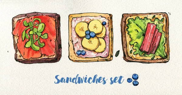 Sandwiches gesunde Lebensmittel Brot Fisch Speck Salat Bananen Watercolo — Stockfoto