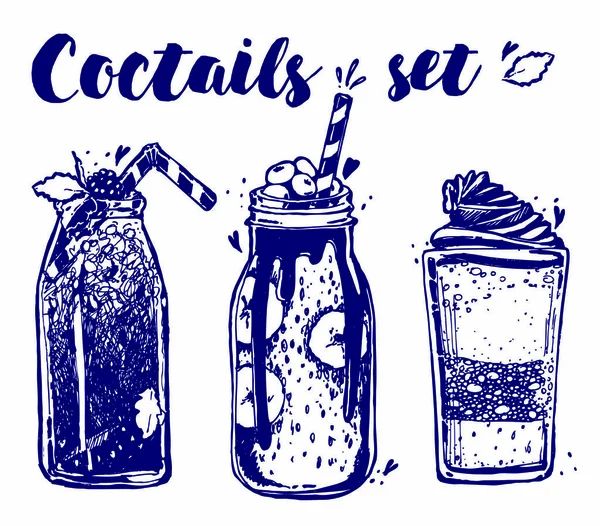 Cocktails milkshake banane bacche cannucce isolato linea art — Foto Stock