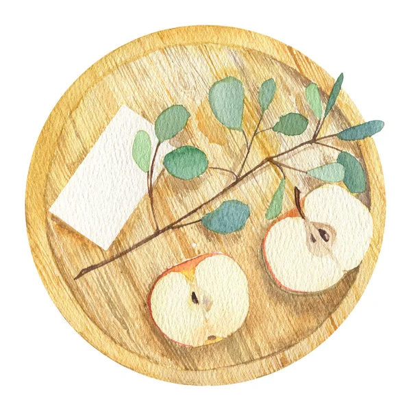 Płaski lay jabłko drewniany taca Gałąź liści notatki okrągłe na białym tle — Zdjęcie stockowe