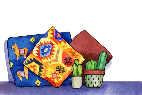 Bantal lezat etnik Meksiko lama pola lucu watercolor iso — Stok Foto