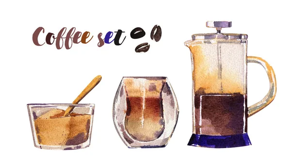Set da caffè teiera vetro zucchero ciotola gustosi grani acquerello isola — Foto Stock