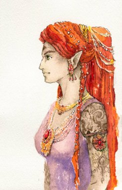 Kız elf fantezi redhead portre doku kroki suluboya