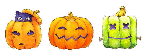 Halloween kabak gülümseme frankenstein cadı şapka suluboya izolat — Stok fotoğraf