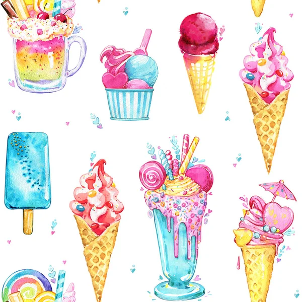 Ice cream koktajl wzór smaczny różowy akwarela bezszwowe — Zdjęcie stockowe