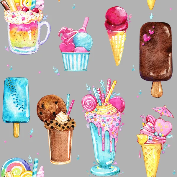 Ice cream cocktail pattern tasty pink watercolor seamless — Stock Photo, Image