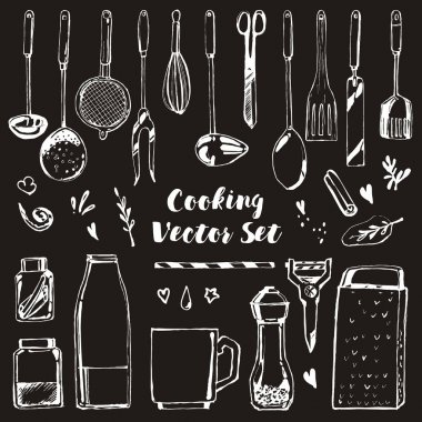 Mutfak gereç nesneleri pişirme çırpma çorbası kepçe spatula seti vektör hattı