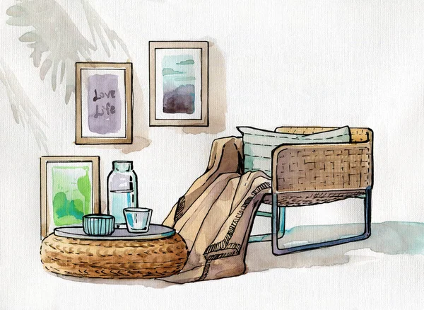 Interieur Minimalismus Boho skandinavischen Sessel Gemälde gemütlich wa — Stockfoto