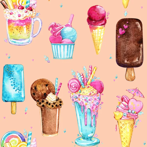 Ice cream cocktail pattern tasty pink watercolor seamless — Stock Photo, Image
