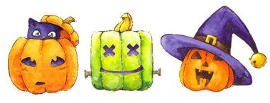 Halloween kabak gülümseme frankenstein cadı şapka suluboya izolat