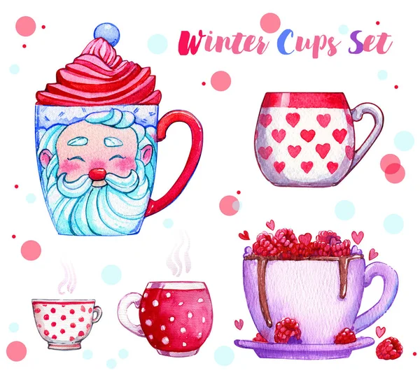 Tazas de Navidad invierno acogedor rojo acuarela caliente conjunto — Foto de Stock