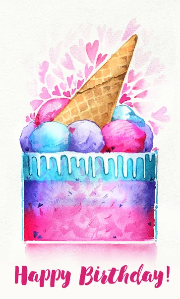 Cake ice cream cone multicolored holiday watercolor paper