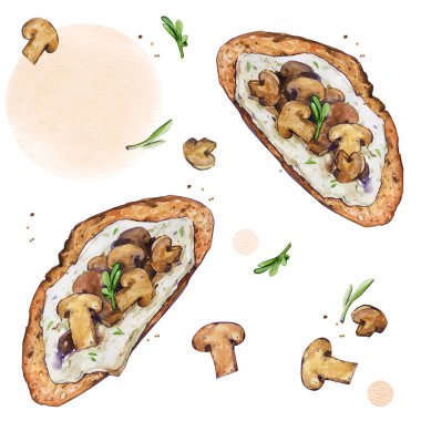 Sandviç mantar desen ekmek peynir yeşillik beyaz suluboya