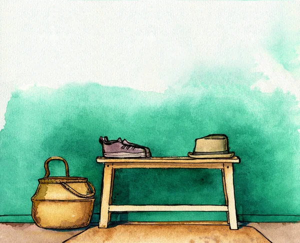 ภายในม้านั่งตะกร้าพรมผนังสไตล์ชีวิต watercolo แท้ — ภาพถ่ายสต็อก