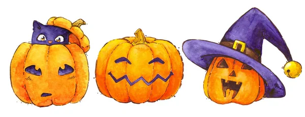 Halloween pumpkin smile frankenstein witch hat watercolor isolat — Stock Photo, Image