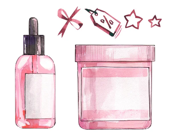 Cosmetics Cream Oil Pink Dropper Symbols Bank Bottle Set Watercolor — Stock Photo, Image