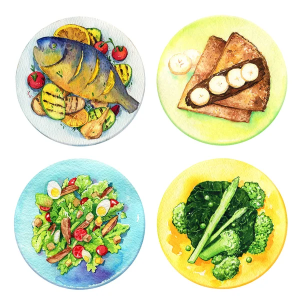 야채 건강 식품 시저 샐러드 팬케이크 접시 수채화 — 스톡 사진