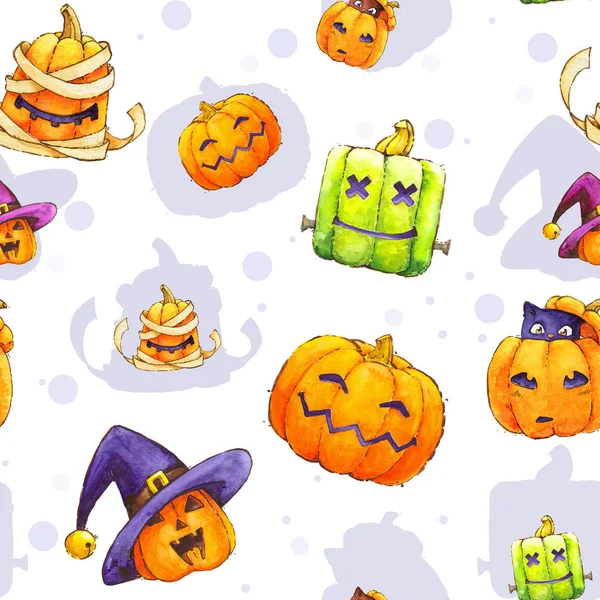 Halloween pumpkin pattern seamless watercolor kids cheerful char — Stock Photo, Image