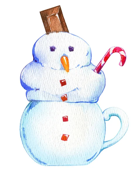 Weihnachtsgetränk creme schneemann süß lutscher tasse weiß watercolo — Stockfoto