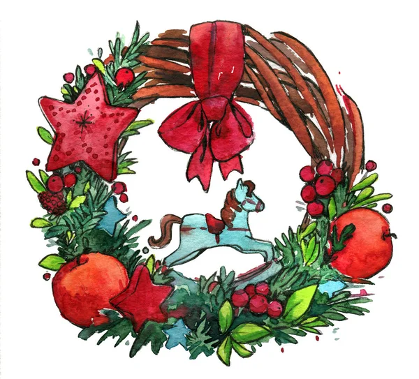 Kerst Krans Houten Boom Paard Appels Decoratie Geïsoleerde Aquarel Illustratie — Stockfoto