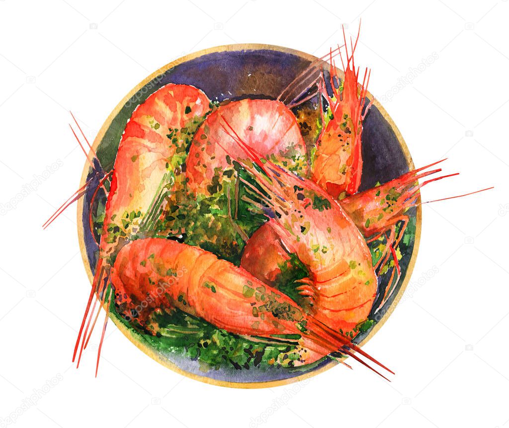 Shrimp grill sauce plate cooking restaurant recipe cooking home expensive elite green pink seafood watercolor isolated on white background