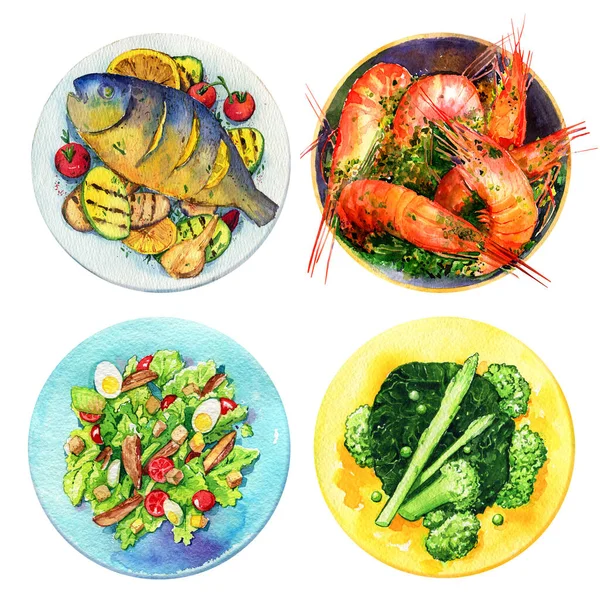 Alimente Sănătoase Grătar Sos Creveți Salată Cezar Plăci Clătite Vegetale — Fotografie, imagine de stoc