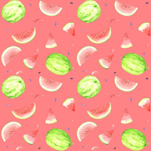 Watermelon Slice Piece Juice Splashes Pink Green Sweet Summer Pattern — Stock Photo, Image