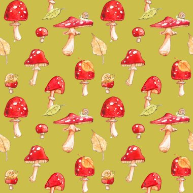 Amanita, agarik yapraklı salyangoz, zehirli kırmızı şapka, deniz kabuğu, sonbahar mevsimi, suluboya, dikişsiz hardal, yabani çocuklar kâğıt sarıyorlar.