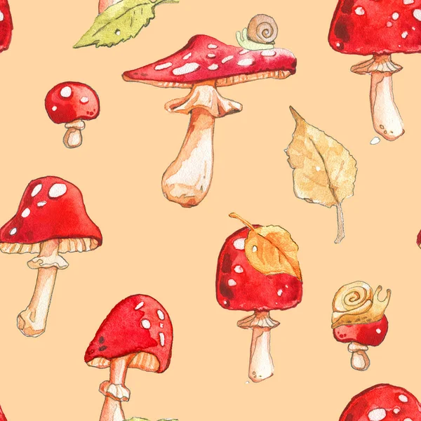 Amanita Fly Agaric Champignons Blad Slak Herfst Herfst Bos Aquarel — Stockfoto