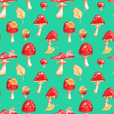 Amanita Uçan agarik mantarlar, sonbahar salyangozunu, güz ağacını, çocuksu, şirin, sulu boyayı, tekrar eden kırmızı zehirli mavi renkten ayırır.