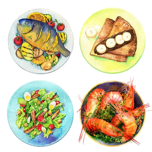 Salată Cezar Alimentară Sănătoasă Plăci Clătite Vegetale Pește Acuarelă Creveți — Fotografie, imagine de stoc