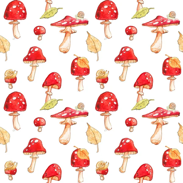 Amanita Paddestoelen Giftig Rood Kinderblad Herfst Slak Bos Wild Aquarel — Stockfoto