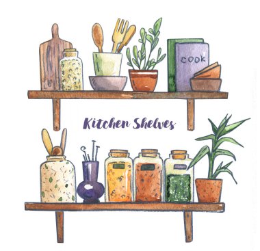 Mutfak rafı iç dekorasyon kavanozu baharatlar bitkiler tahta tahta kürek kase tabağı ıssız suluboya illüstrasyon pişirme