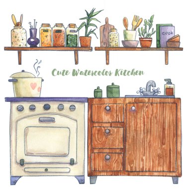 Mutfak odasının iç tasarımı şirin çizim tasarımı el yazması illüstrasyon dolabı lavabo raf baharatları ekolojik suluboya izole
